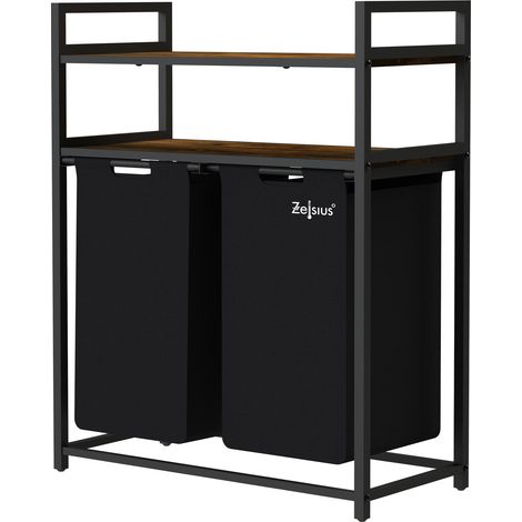 Zelsius Cesto de ropa sucia con 2 compartimentos  Negro, 73 x 33 x 91 cm  Cesto con estantes