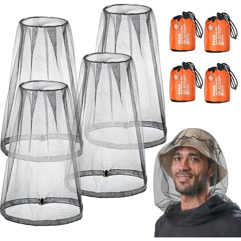 4 Pack Tête de Moustique Net, Filet de Tête Anti-moustiques avec Sac de Transport, Protection Contre Les Insectes Moustiquaire de Tete, Mosquito Head Net pour Apiculteur Camping Extérieur, Noir (1/5)