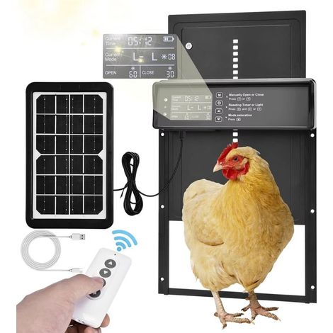 Porte Automatique Solaire pour Poulailler avec LED, Minuterie, Télécommande, Anti-pincement, Noir (1/5)