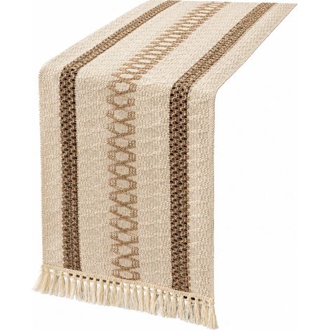 Chemin de table rétro japonais en coton et lin, nappe à rayures pour table basse, Noël, 30 cm de large (la largeur dépend de la couleur) x longueur 210 cm (la taille comprend les pompons) - Trois épai (1/5)