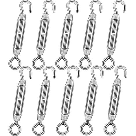 10 tensores de cable de acero inoxidable, tensor de tendedero con gancho y argolla M4, tensor de alambre ajustable para alambre de jardín, alambre de cerca y tendedero exterior.