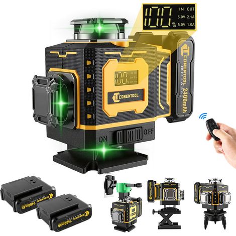 CONENTOOL Niveau Laser Auto-Nivelant Écran LCD - 16 Line Ligne Laser Verte Horizontal et Verticale - 4x360° - Avec télécommande et base et sac en tissu - 2 batterie 2400mAh
