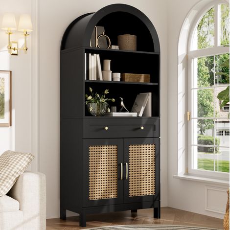 Armoire vitrine de rangement 70x40x170 cm avec portes en rotin, 3 niches, 1 tiroir, noir et bois naturel (1/5)