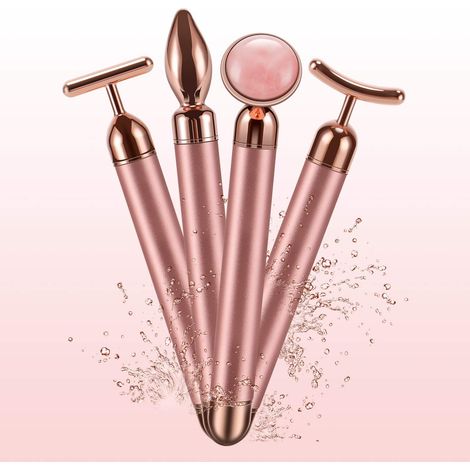 Rouleau De Massage Facial - Rouleau En Jade Et Quartz Rose - Appareil De Massage 4 En 1 Avec Impulsions - Pour Visage Cou Et Corps - 3 Pièces (1/5)