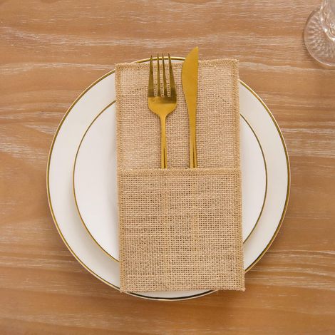 Set de 10 poches porte-couverts en toile de jute — poches à couverts rustiques pour mise en place de table de mariage, Thanksgiving et Noël, pochette à couverts réutilisable (naturelle) (1/5)