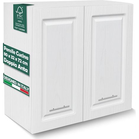 Pensile da Cucina Armadio Sospeso Parete Doppia Anta Boiserie Bianco Frassinato