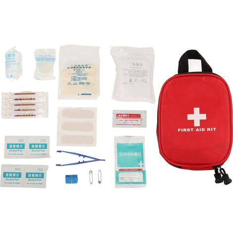 Kit de soins d'urgence pour camping et voyage : lingettes humides, pommade anti-brûlure, cotons-tiges, bandages, compresses stériles - lot de soins (1/5)