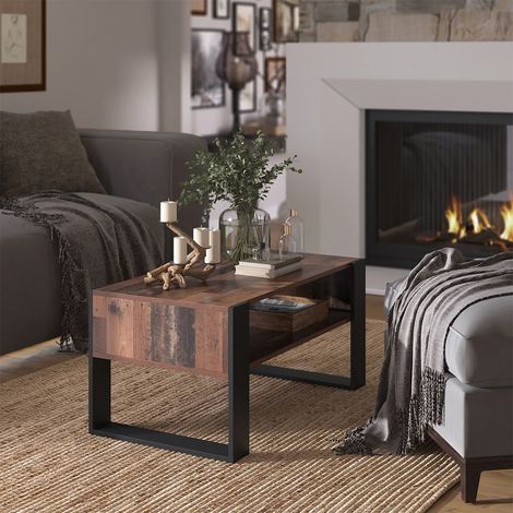 Mesa de centro Olli, Madera antigua, 92 x 52,4 cm con estante, Vicco