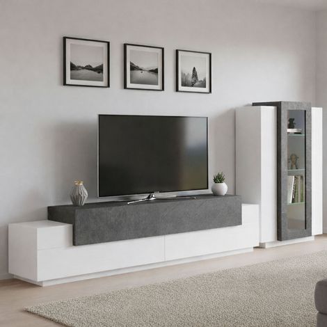 Dmora - Pared Equipada Djazir, Conjunto de salón con soporte TV, Mueble salón polivalente, 100% Made in Italy, cm 280x45h121, Blanco Brillo y Pizarra (1/5)