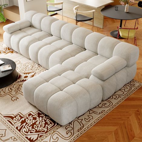 Canapé d’angle en L 4 places 300x200x68 cm sans structure, sans montage, mousse haute résilience, assise profonde, tissu chenille blanc (1/5)