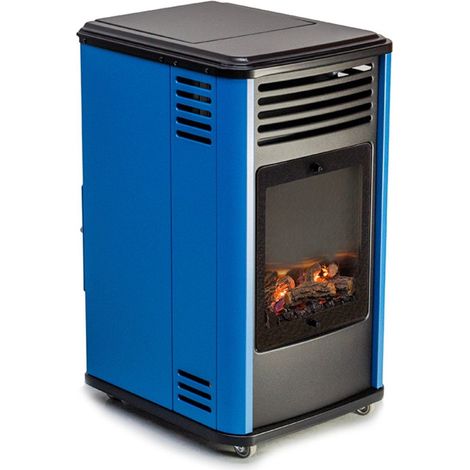 Poêle à gaz 3,4KW Bleu et Noir - Chauffage d'appoint effet Feu de bois Manhattan Sahara