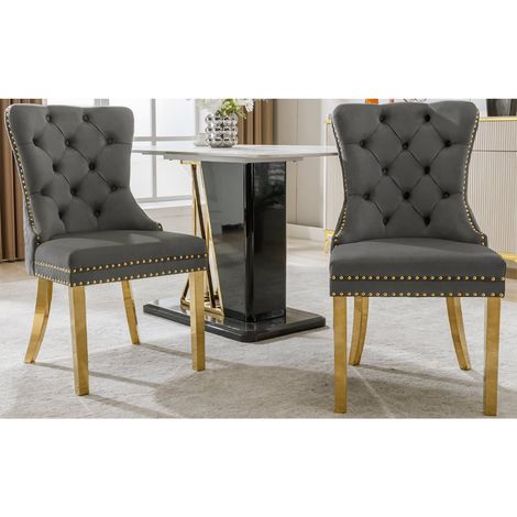 Lot de 2 chaises velours gris avec dossier anneau et pieds acier inoxydable doré, design élégant (1/5)