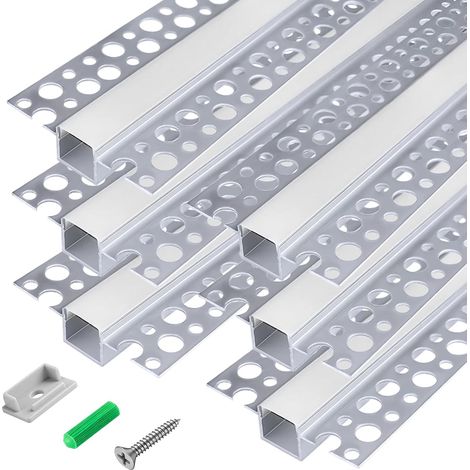 Lot de 6 profilés LED pour cloison sèche - 1 m - En aluminium - Avec couvercle laiteux - Diffuseur de bande LED sans bordure - Pour sous-sol, étagère, mur, table, plafond et coins (1/5)