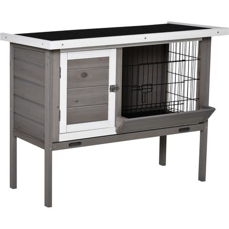 Clapier bois pour lapin, toit asphalté, mangeoire plateau amovible, 2 portes, 91x46x71 cm, gris. (1/5)