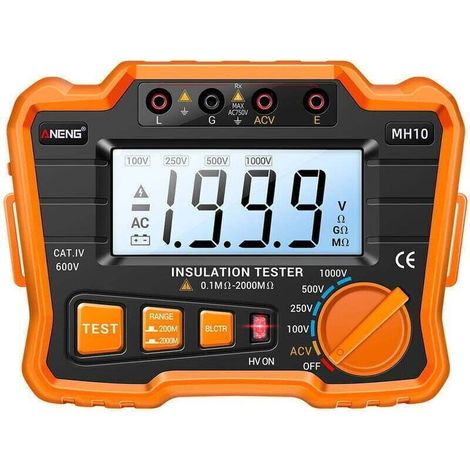 Testeur de résistance d'isolement numérique 0,1 MΩ-2000 MΩ – Mégohmmètre rétroéclairé LCD – Tension de sortie 100/250/500/1000 V – Résistance isolée AC 750 V (1/4)