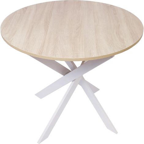 Skraut Home - Table à manger ronde fixe, Modèle ZEN, 90 x 90 x 77 cm de haut, Capacité jusqu'à 4 personnes, Matériaux résistants, Couleur chêne, Pieds métalliques couleur blanc laqué mat (1/4)