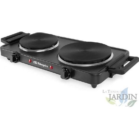 Doppelte Elektroplatte von Orbegozo.  Leistung: 1 x 1.000 W + 1 x 1.500 W.  155mm und 185mm Durchmesser.
