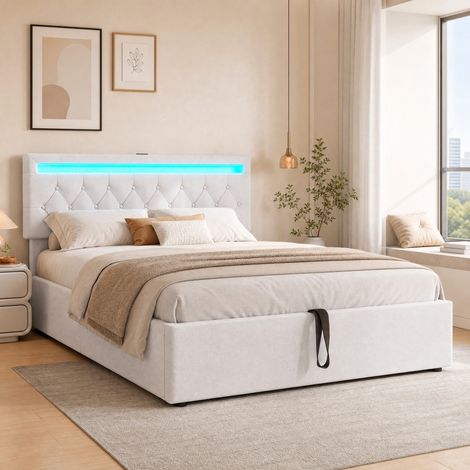 lit coffre 140x200 avec LED USB-C en MDF blanc HAVRYA (1/5)
