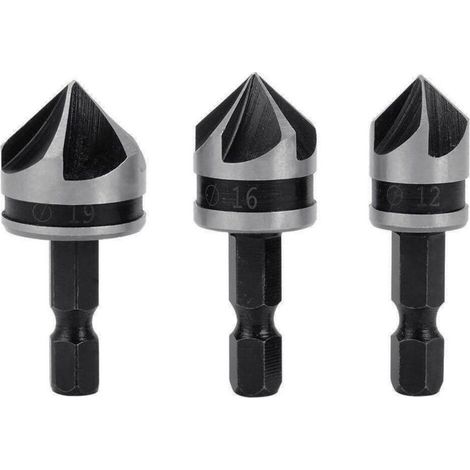 3pcs 1/4" Hex HCS Fraise à Chanfreiner 5 Flte Foret Embouts pour phanfreiner évier à Fraise Conique 12mm/16mm/19mm Pour Bois Métal (1/4)