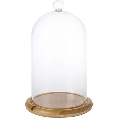 Couvercle en verre clair pour cloche décorative, protection pour fleurs fraîches, mariage, fête, Saint-Valentin, avec socle plat en bambou (1/5)