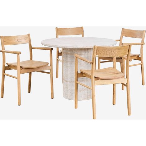 Set tavolo rotondo Ø100 cm in cemento look travertino Velia e 4 sedie da pranzo in legno di rovere Mara Signature SKLUM (1/5)