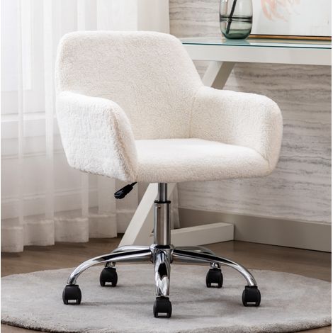 Chaise de bureau pivotant réglable en hauteur avec roulettes 53x53x55 cm, fausse fourrure - blanc (1/5)