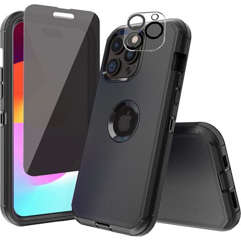 Custodia Xhy per iPhone 15 Pro con protezione per schermo e obiettivo, protezione antiurto 3 in 1 di livello militare - Nera