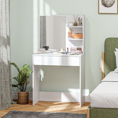 Coiffeuse Maquillage Miroir Table Tiroir Étagères Ouvertes Blanches Rangement Travail