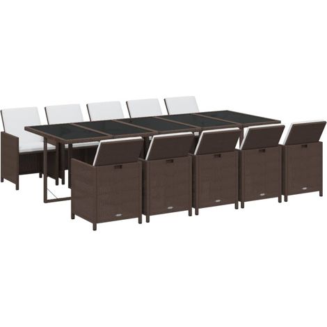 Juego de comedor muebles de jardín muebles de exterior cojines 11 piezas resina tejida marrón