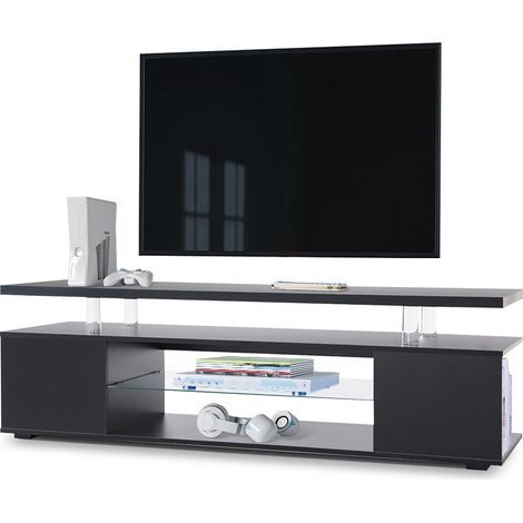Meuble tv pour écran 60 pouces avec rangements et armoire latérale, meuble bas noir pour salon