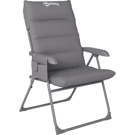 Chaise de camping pliante et réglable sur 5 niveaux avec poches latérales, 66 x 58 x 105 cm, gris clair