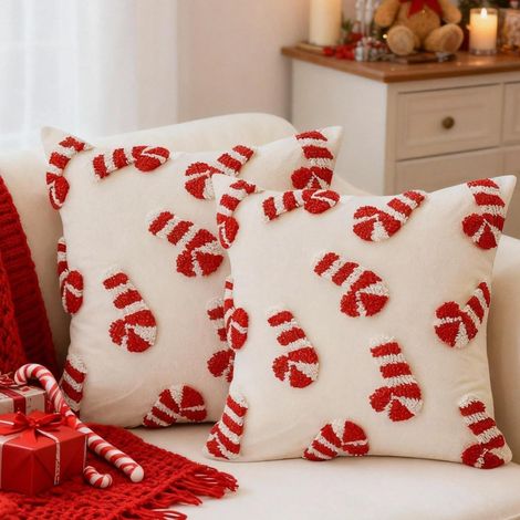Kissenbezug Weihnachten Krücke 45x45, 2er Set Weihnachtsdeko Kissenbezüge Zuckerstangen, Kissenhülle Weihnachtsbaum Schleife Kranz, Weiß Weihnachtskissen für Auto Sofa Schlafzimmer Wohnzimmerf (A) (1/5)