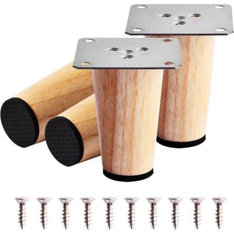 4 Pied de meuble, Bois de chêne, 8cm, Diamètre 5cm, Vis M4, Pour lit table canapé (1/3)