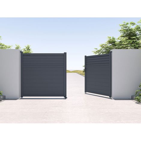 Portail électrique battant aluminium persienné L355 x H180 cm anthracite - VIAZO (1/4)
