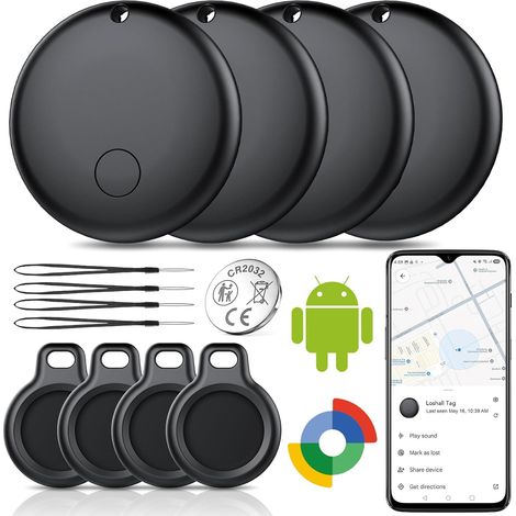 Smart Tag, Plotter Set of 4, Works with Locate App (Android Only), Equipped with Protective Case, IP68 Waterproof, for Keys/Wallets/Suitcases, Black (1/5)