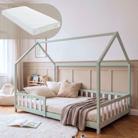 Hausbett Hesel mit Matratze und Rausfallschutz 120x200 cm Mintgrün/Weiß [en.casa] (1/5)