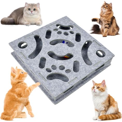 Katzenspielzeug, quadratische Filz-Labyrinthbox, grau, 30 x 30 x 7 cm, mit Leckerli-Pfad, Puzzlespiel inklusive 2 großen Puzzles und Sichtfenster, Kratzbaum (1/5)