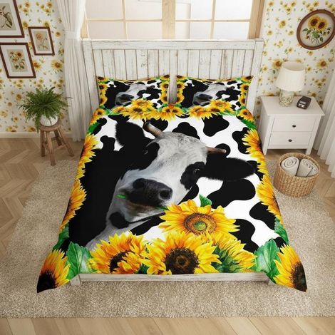 Bettwäsche-Set Kuh & Sonnenblumen 155x220 cm mit 1 Kissenbezug 80x80 cm