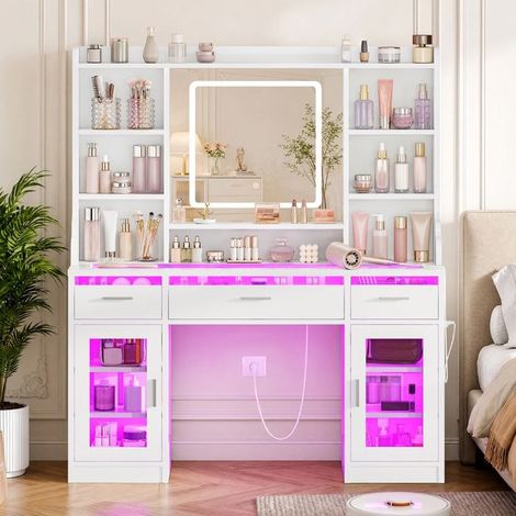 Coiffeuse - TEENFON - Miroir LED 3 couleurs réglables - Plateau en verre - 3 tiroirs & 2 placards (1/5)