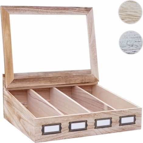 Mendler – Écrin à couvert en bois de paulownia 17x37x33cm – 4 compartiments avec fenêtre – Porte-étiquettes inclus – Brun naturel
