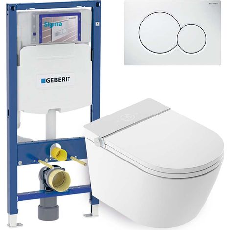 Mizubath - Set WC giapponese sosp. Rada bianco - Risciacquo ad acqua - Asciugatura ad aria - Modulo Geberit Duofix 12cm - Placca comando doppio bianca