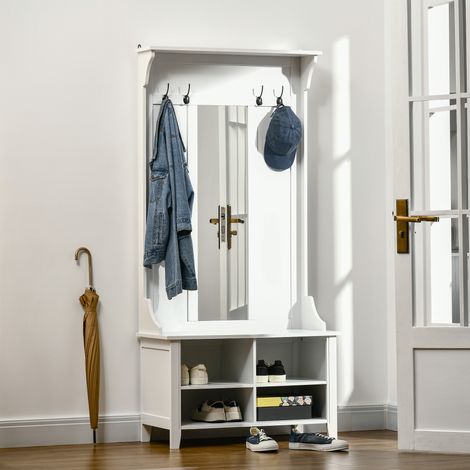 Porte-manteau sur pied avec miroir et étagère à chaussures, 4 crochets, bois, 80 x 40 x 170 cm, blanc
