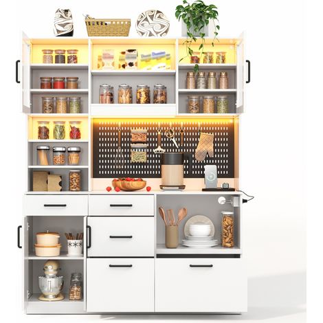 CHICFURN Meuble de cuisine avec plan de travail, LED RGB et prise, buffet blanc avec 5 tiroirs, portes en verre, rangement modulable et panneau perforé, 145 x 40 x 185 cm (1/5)