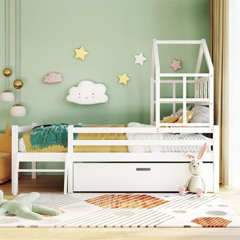 Lit maison enfant 90x200 cm blanc en pin & MDF avec tiroirs, échelle, sommier à lattes et barrière — sans matelas