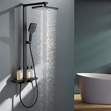 Duschsystem mit Thermostat und Glasablage Schwarz - Duscharmatur Komplettset mit 30x20 cm Regendusche Duschkopf und 3 Strahlarten Handbrause - Duschset mit Unterer Auslauf