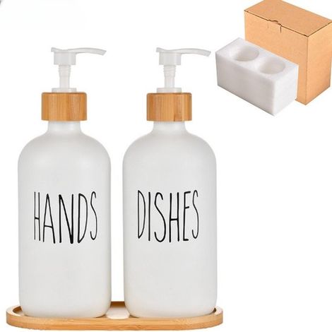 Distributeur de savon 2 pièces - Pompe à savon - Verre - Blanc - Ensemble de distributeurs de savon fixes pour salle de bain et douche Blanc (1/5)