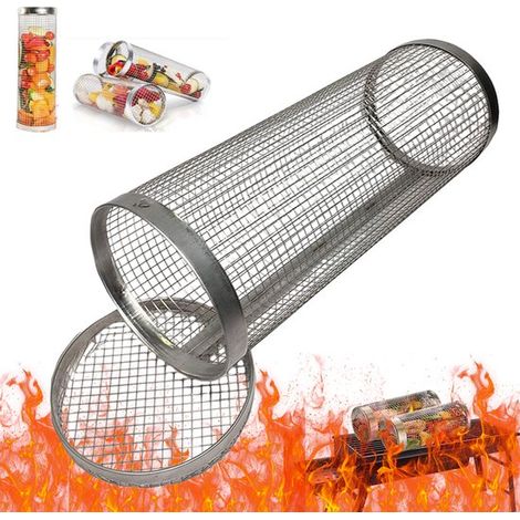 Panier à griller roulant, panier cylindrique en maille métallique, barbecue portable, panier rond pour barbecues d'extérieur, idéal pour griller des pierres précieuses. (1/5)