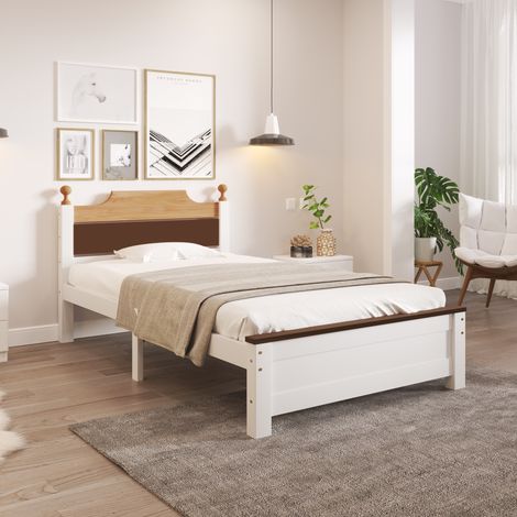 Lit simple bois pin avec support central, literie enfant et adulte, cadre MDF tête/pied, teinte blanche, dimensions 90x200 cm, bloc couleur (1/5)