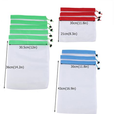 Lot de 12 sacs en filet réutilisables à cordon coulissant pour fruits et légumes, sacs de rangement pour courses et jouets (1/5)