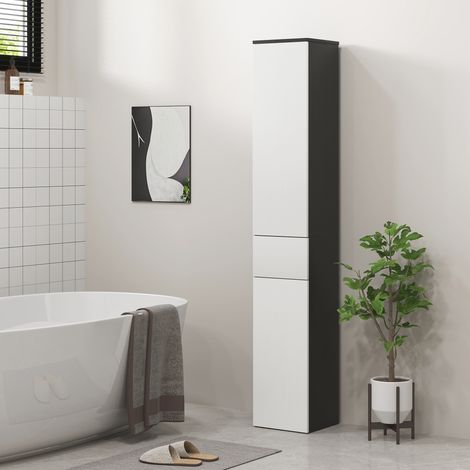 Meuble de salle de bain en bois gain de place avec 2 placards et un tiroir. 30 x 28 x 180 cm. Noir.